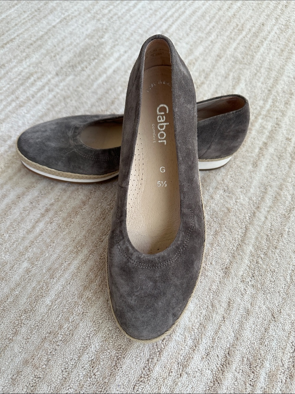 Gabor Wallaby Jute Espadrilles Easy Walking Suede Flats Gray Slip-On Sz 8 UK 5.5